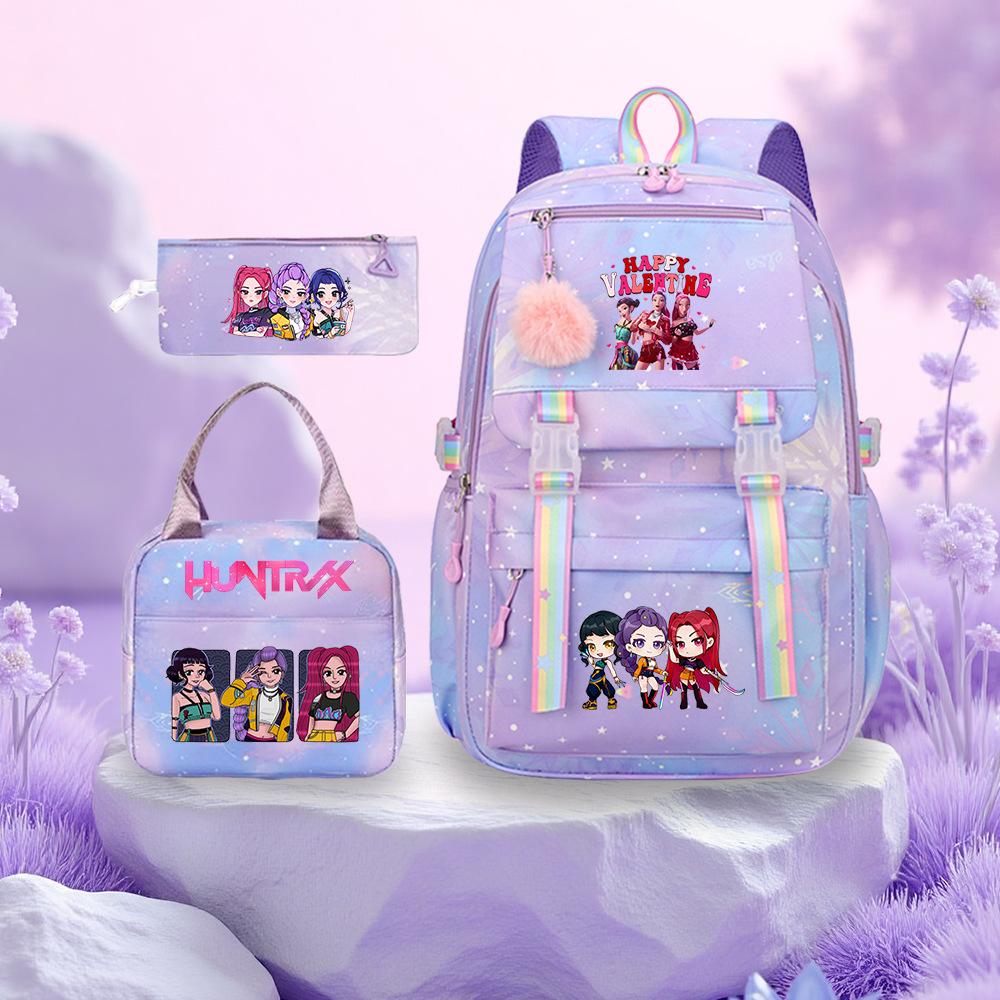 Kpop Demon Hunter Girl Troupe Elementary School Bag Three-Piece Set Lightweight Burden Reduction High School Girls School Bag Large Capacity Backpack