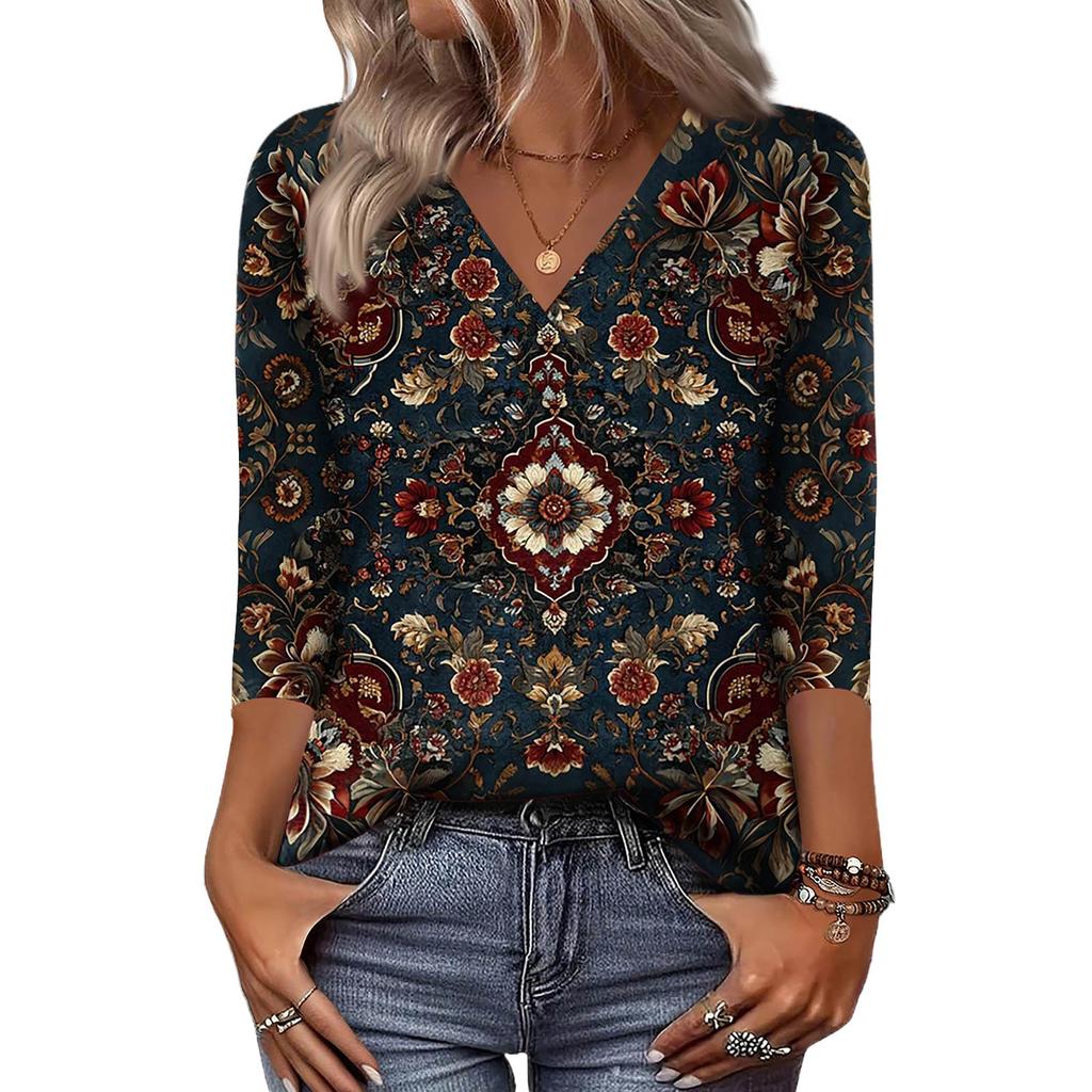 Women's 3/4 Sleeve Shirts V Neck Print Tops Casual Tops Basic Tees Blouse Loose Tops