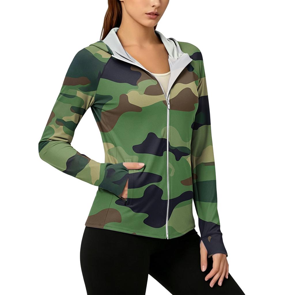 Women's Lightweight Zip Up Hoodie with Hood and Pockets Long Sleeve Camouflage Sun Protection Jacket for Outdoor Activities