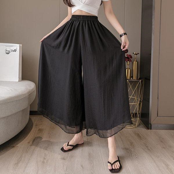 Plus Size Chiffon Straight Wide Leg Ankle-Length Pants Women Loose Clothing High Waisted Casual Dance Trousers Thin Solid Summer