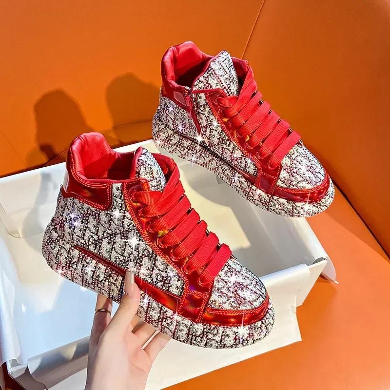 Full Diamond Thick Sole Women's Shoes 2024 New Personalized Water Diamond Colored Embroidery Casual Shoes High Top Sports Shoes
