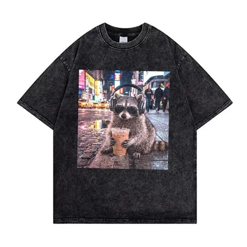 Vintage Washed Raccoon T-Shirt Funny Coffee Animal Graphic Tee Oversized Streetwear Hip Hop Casual Acid Wash Gray Top for Men