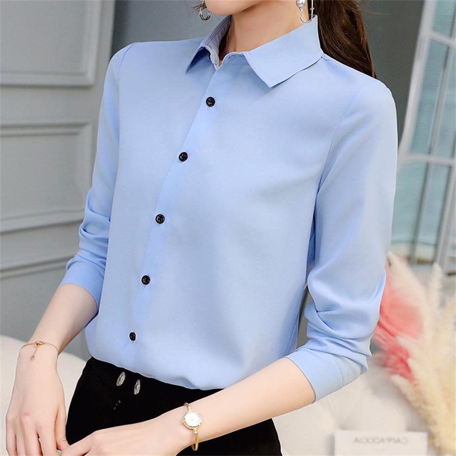 Summer Autumn Women Office Shirt Korean Fashion Slim Fit Casual Blouse Tops Ladies Lapel Long Sleeve Base Chiffon Shirts