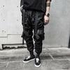 Мужские брюки-карго в стиле хип-хоп, индивидуальные прямые брюки с ремешком, декор, сплошной цвет, глубокая промежность, свободная уличная одежда, эластичная талия, мужские брюки с ремешками на щиколотке
