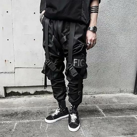 Мужские брюки-карго в стиле хип-хоп, индивидуальные прямые брюки с ремешком, декор, сплошной цвет, глубокая промежность, свободная уличная одежда, эластичная талия, мужские брюки с ремешками на щиколотке