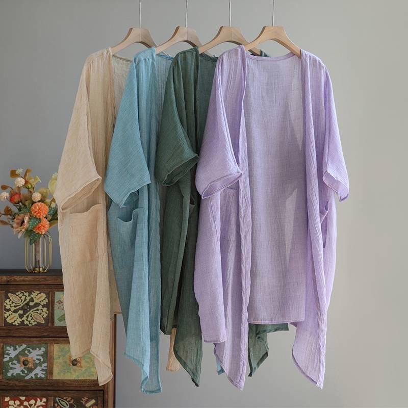 Ultra Thin Cotton Linen Loose Cardigan Women's Mid To Long Blouse Shawl Jacket Paired with Plus Size Sun Protection Shirt