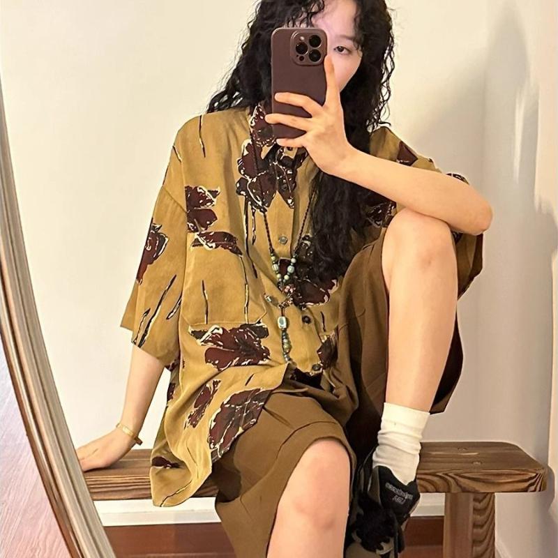 Женская рубашка с принтом, с коротким рукавом, в китайском стиле, свободного кроя, в стиле ретро, женская одежда на одной пуговице, с карманом
