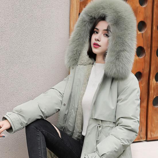 Зимнее пуховое пальто с утолщенным стеганым плюшевым капюшоном, средней длины, ветрозащитными карманами, длинными рукавами, регулируемым шнурком, повседневная верхняя одежда из хлопка, куртка