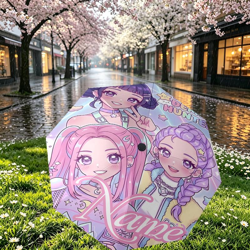 Custom Name Personalized KPop Demon Hunters Print Umbrella, Auto Open Close, 8‑Rib Sturdy Frame, Commute Camping Hiking Use, Birthday Gift