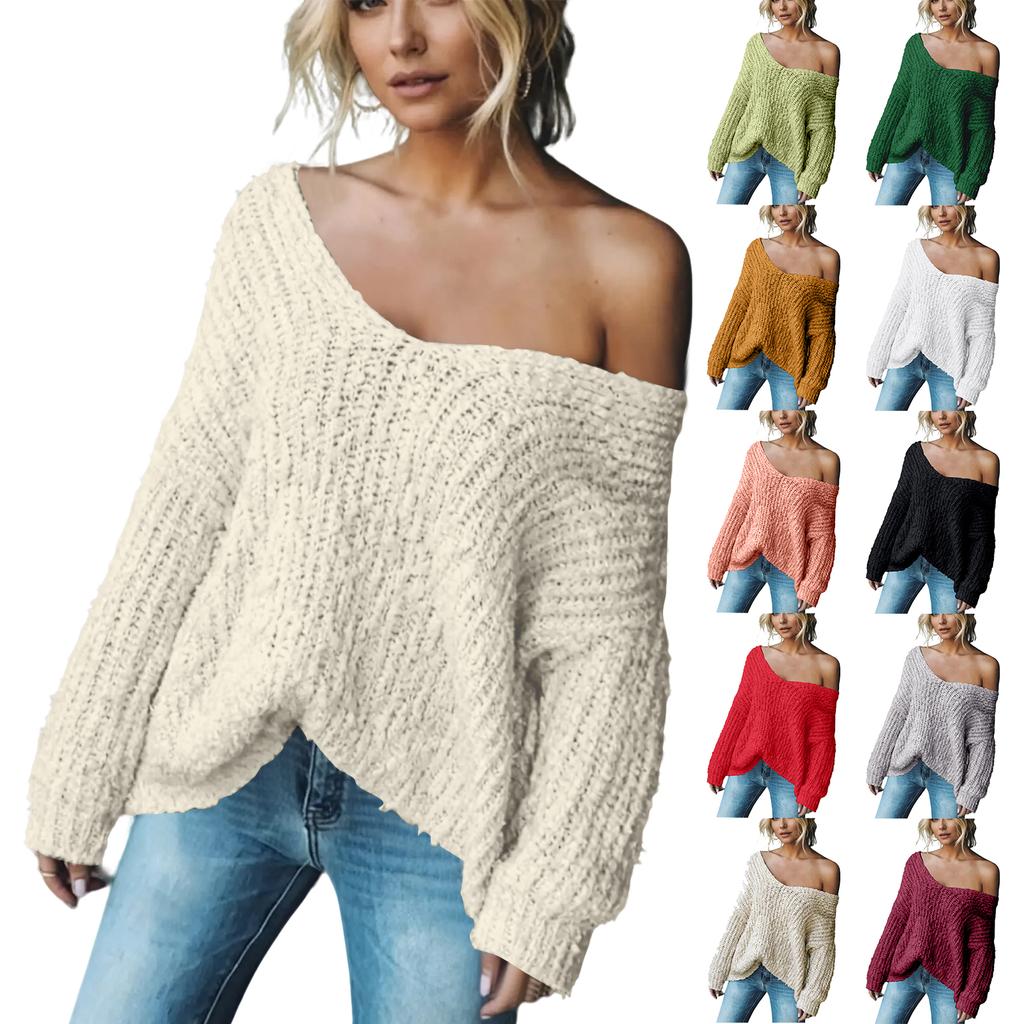 Ladies' Fashionable V-neck Slim Fit Long Sleeved Knitted Top