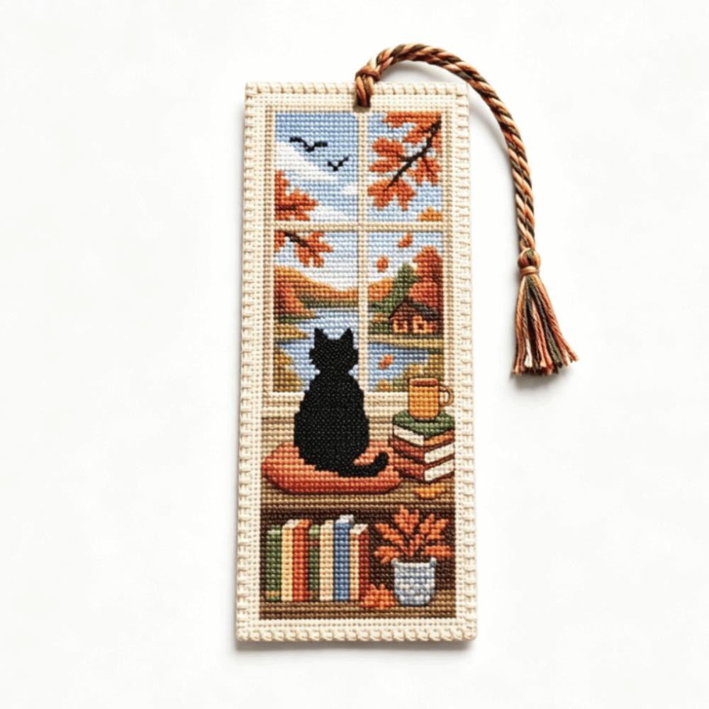 Handcrafted Seasonal Cat Embroidery Bookmark Book Page Marker Material Kit Beginners