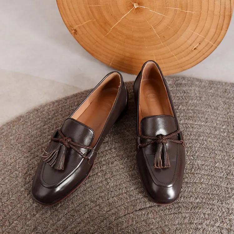 Мода Мода Женские Лоферы Кисточки Квадратный Носок Плоская Обувь Мелкий Вырез Повседневные Для Поездок На Работу Винтажная Кожаная Обувь Британский