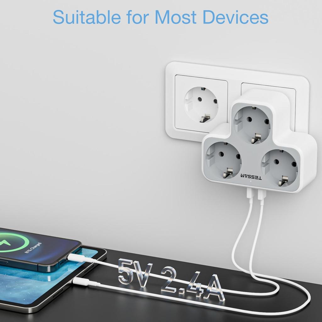 Tessan Multi Outlets Power Strip with 3 AC Outlets 2 USB Ports EU KR Plug Multiple Wall Socket Adapter with Overload Protection