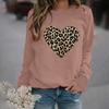 Women Casual Fashion Leopard Print Love Hoodless Plus Fleece Long-sleeved Sweater Top