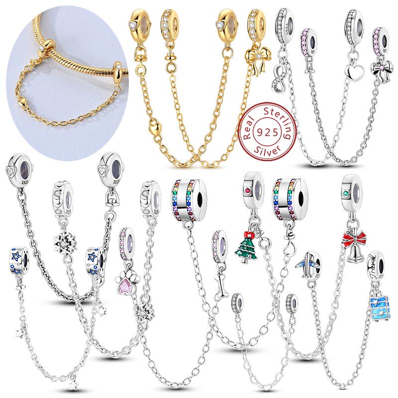 925 Silver Safety Chain Clasp Charms Love Bow Star Moon Snowflake Fit for Bracelet DIY Jewelry Making