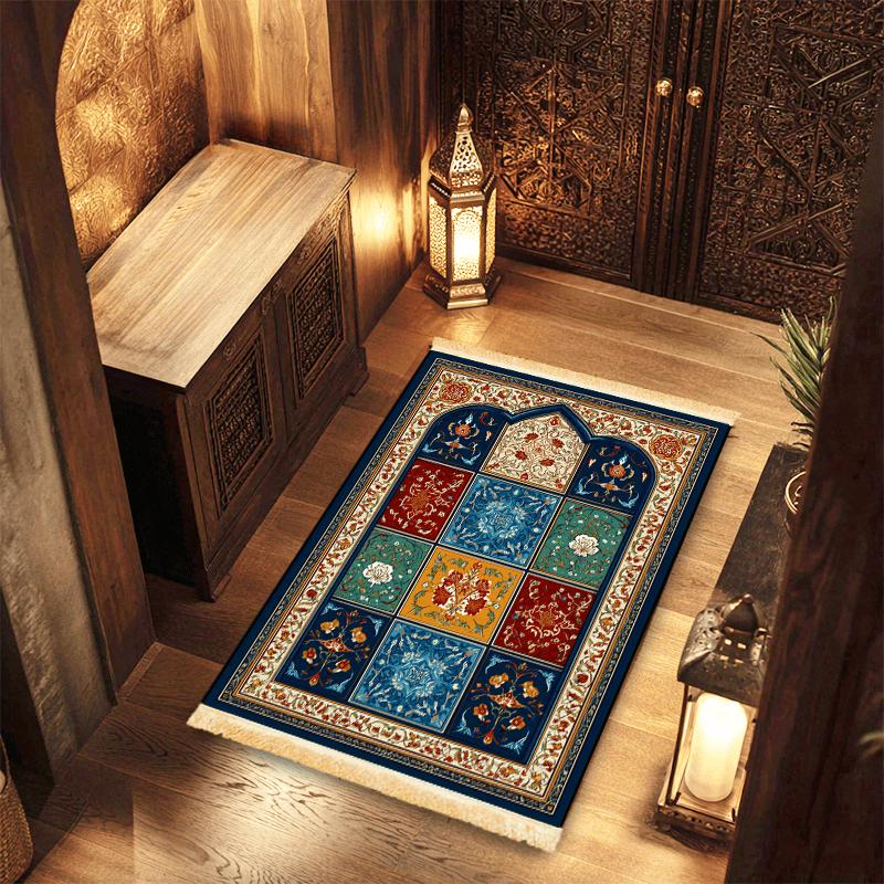 Multicolor Patchwork Floral Arch Design Prayer Rug Muslim Prayer Mat for Portable Carpet for Bedroom Living Room Travel