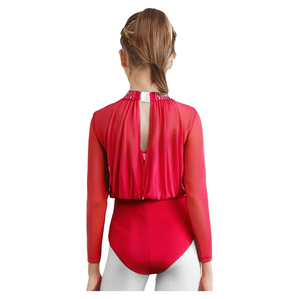 Girls Dance Leotard Long Sleeve Keyhole Back Design Sequins Rhinestones Sheer Mesh Figure Skating Outfit
