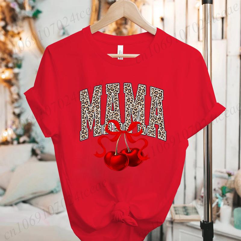 Women Fashion T Shirt Cherry Mama Print Girl Funny Tops Womens Casual TShirt Tops Cherry Bow Mama Tee Aesthetic Mom Clothes