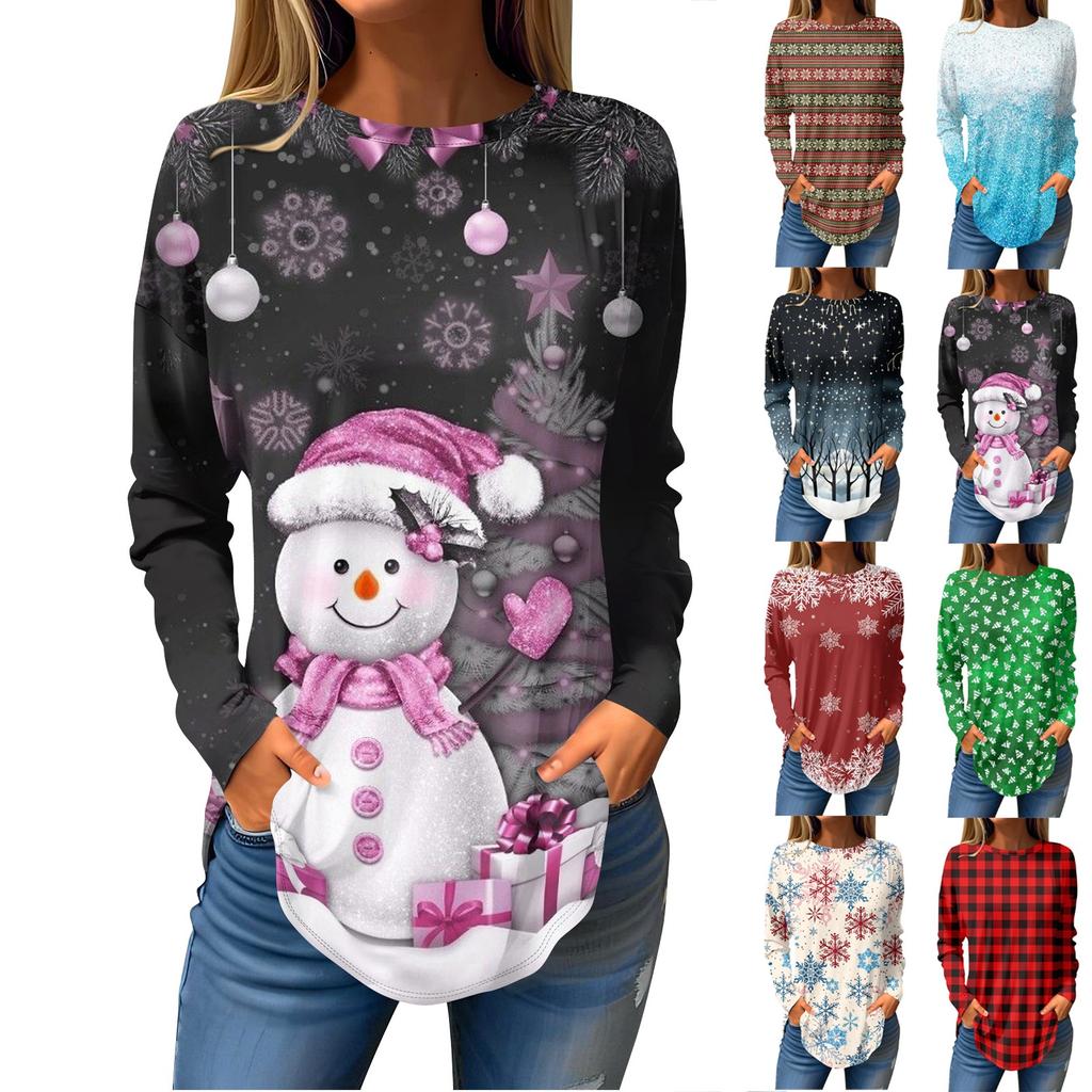 Tee Shirts For Women Fall Casual Long Sleeve Shirts Sweatshirt Vintage Graphic Printing Top Pullover Christmas