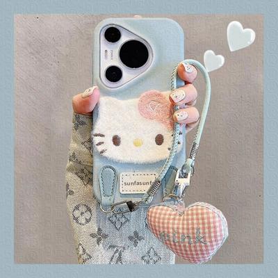 Плюшевый чехол для телефона KT Cat Apple 16 ProMax iPhone 15 Pro Новый 13 Женский 12 Мягкий чехол 14 Браслет XR