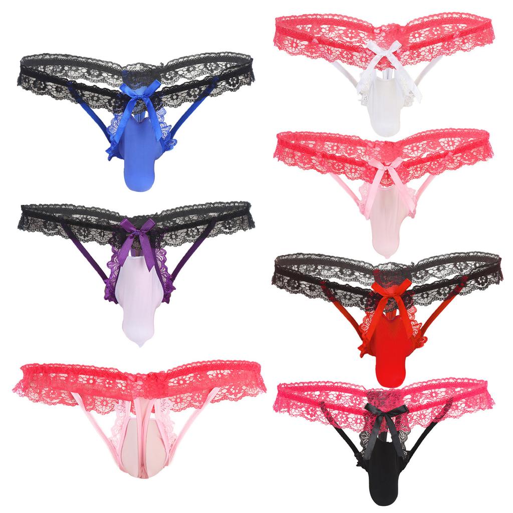 Mens Floral Lace Elastic Waistband Thong Sissy Underwear Contrast Color Bowknot Bulge Pouch G-string Cutout T-back