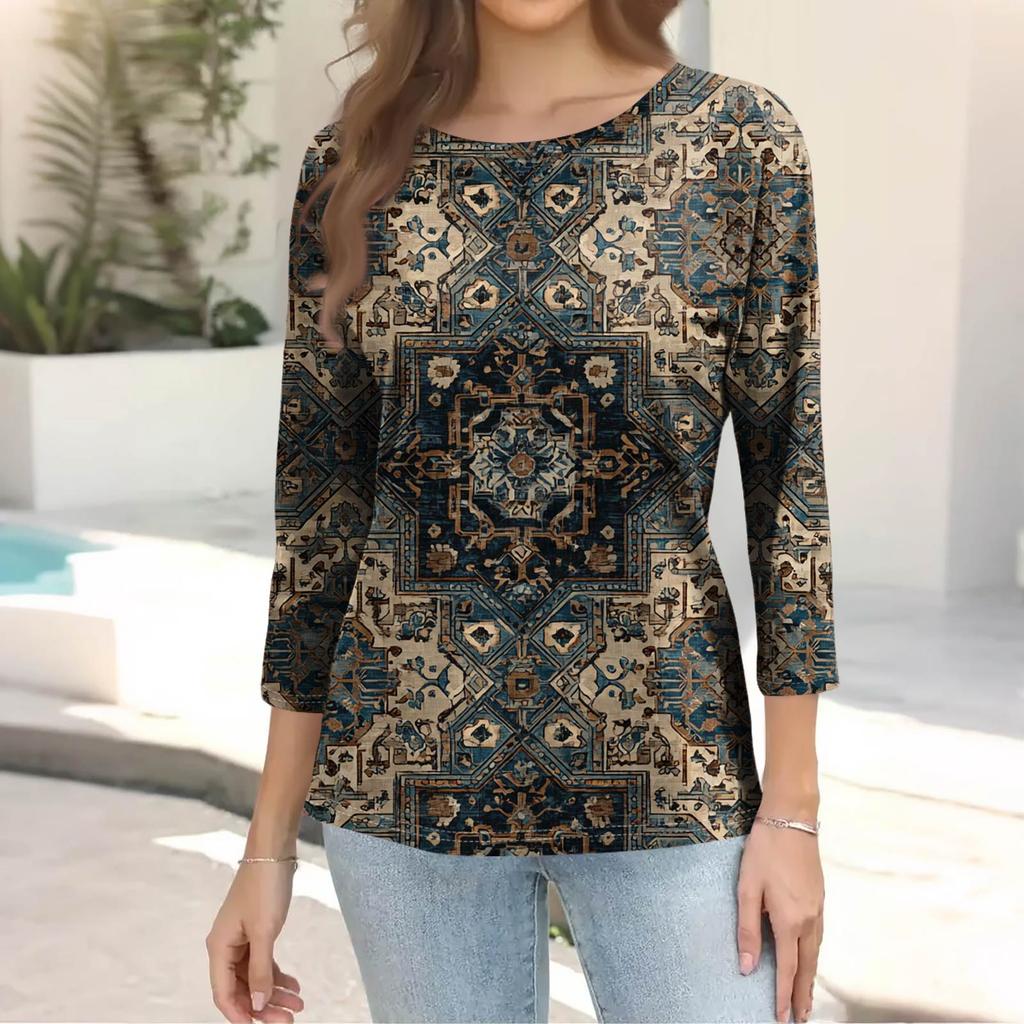 Trendy Vintage 3/4 Sleeve Top For Women,Ladies Casual Three Quarter Sleeve Round Collar Printed T-Shirt Blouse
