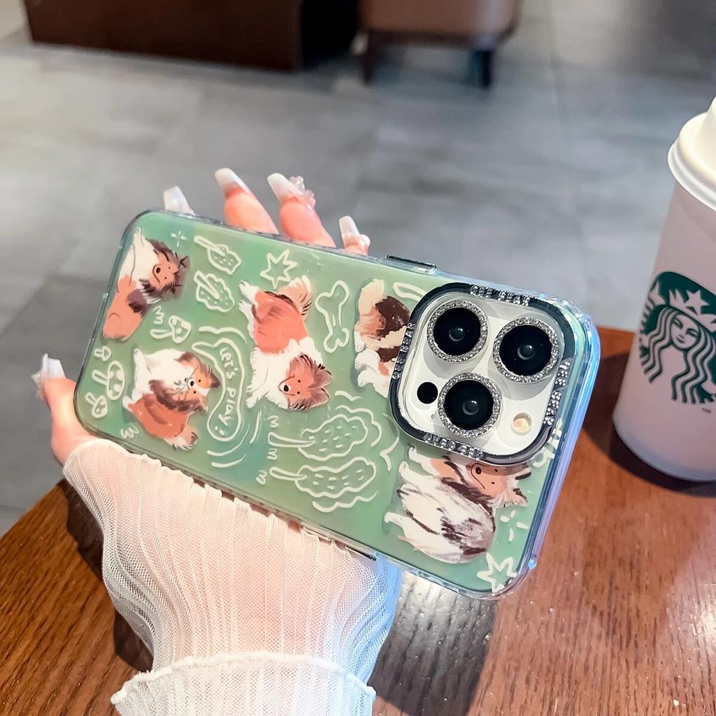 Мягкие чехлы с милой собакой в ​​стиле аниме для iPhone 15, 14, 13, 12, 11 Pro Max Plus, металлические кнопки, блестящие, украшенные драгоценными камнями, защитные пленки для линз, чехлы для телефонов