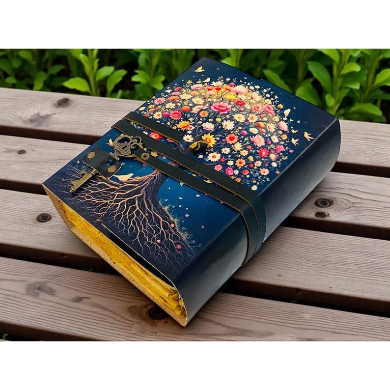 Tree of Life Grimoire – Vintage Leather Boho Notebook with Key | Deckle Paper Journal for Wiccans, Writers & Dreamers Diary