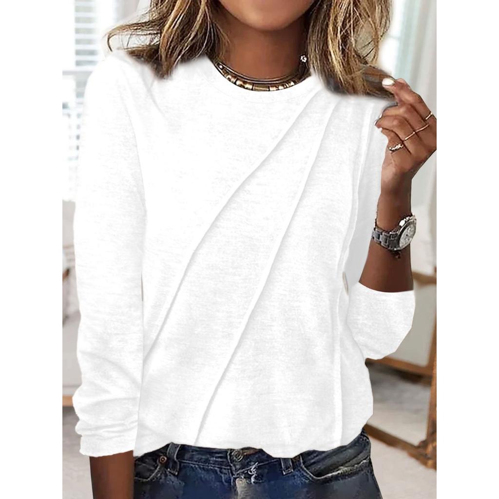 GMXIA Autumn Winter Solid Color Long-sleeved Pullover T-shirt Crewneck Top Women's Wear
