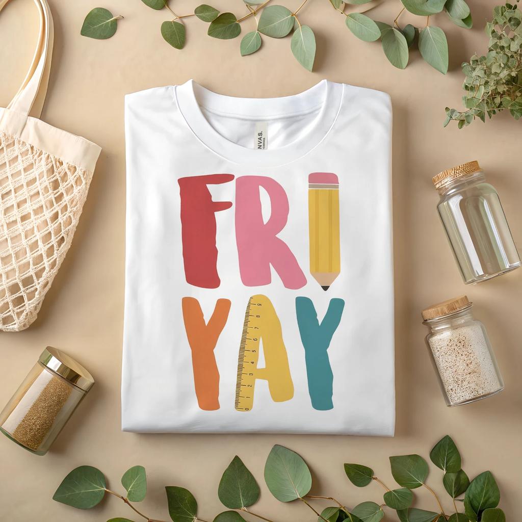 FRI YAY Teacher T-Shirt Colorful Pencil Ruler Graphic Tee for Educators & A84