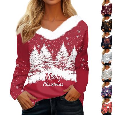 Женская мода повседневная толстовка с длинным рукавом и рождественским принтом, плюшевый воротник, V-образный вырез