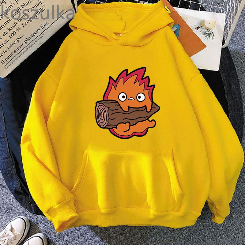 Толстовки с кальцифером «Ходячий замок Хаула», свободная флисовая толстовка с рисунком Кальцифера, винтажные пуловеры, толстовки, зимняя женская уличная одежда