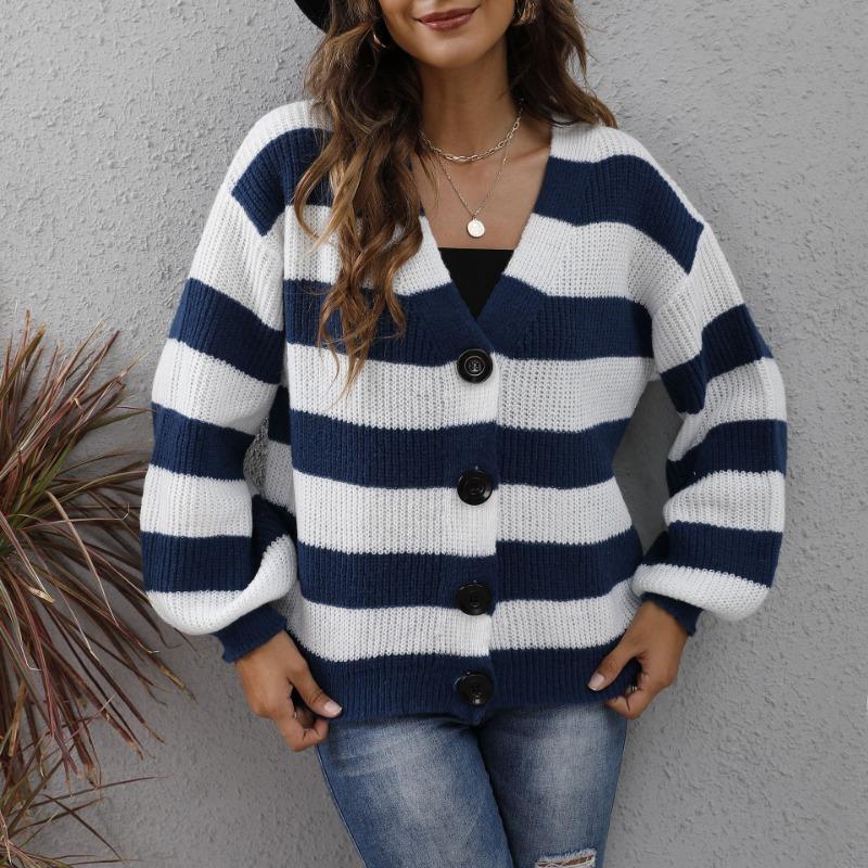 Женский осенне-зимний кардиган с яркими полосками, лоскутный тканый свитер с пуговицами