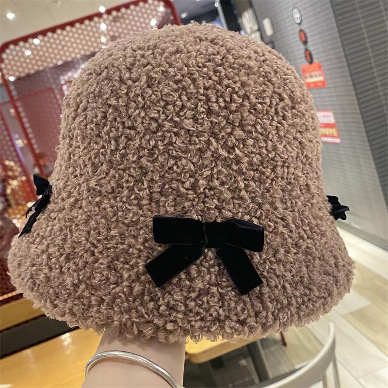 Bow plush fisherman hat children autumn and winter travel warm face bucket hat new