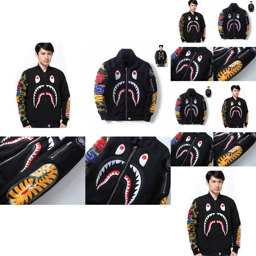Shark Print Bomber Jacket For Men With Windproof Fabric For Casual Daily Wear