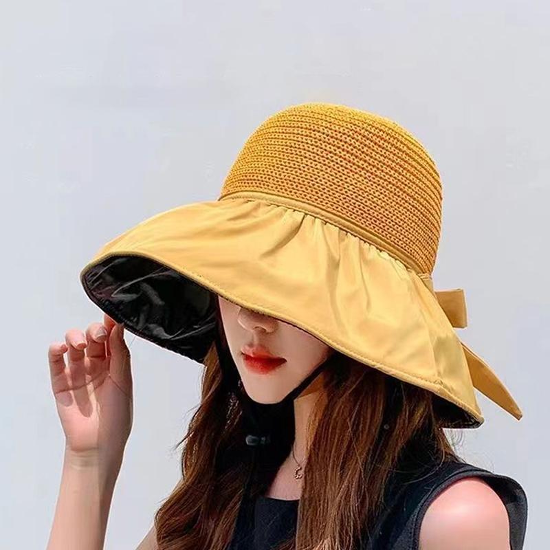 Summer New Women'S Bucket Hat, Uv Protection Sun Hat Solid Color Wide Brim, Foldable Beach Outdoor Ponytail Cap