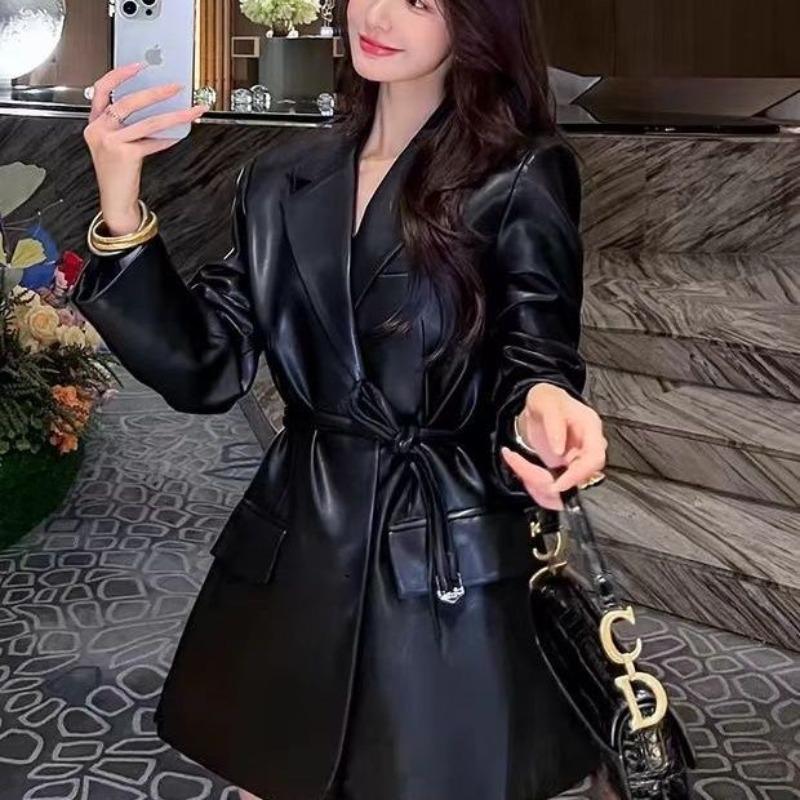 Кожаная куртка осень новая повседневная ретро темперамент поясной ремень средней длины отложной воротник кожаная куртка мода