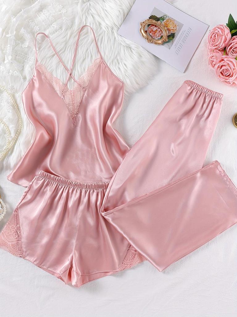 Women's Lace Satin Pajama Set - Camisole, Shorts & Wrap
