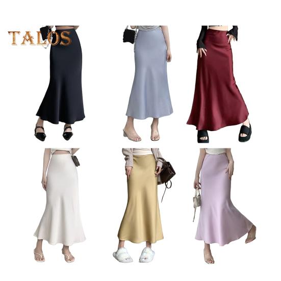 Women Fishtail Skirt High Waist Fishtail Hem Maxi Skirt Solid Color Retro Satin Texture Hip Wrapped Skirt