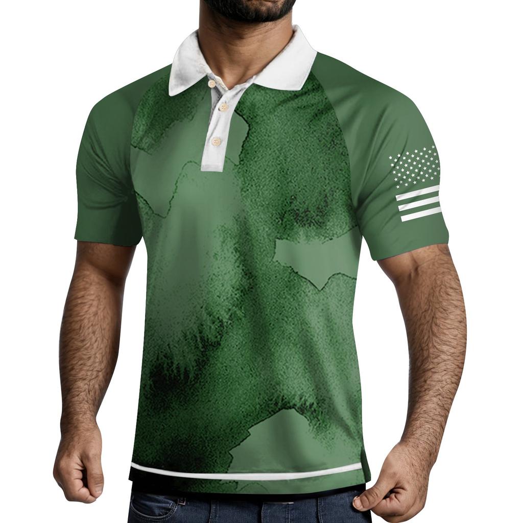 Men's Three Button Printed Lapel Short Sleeve Shirt Top