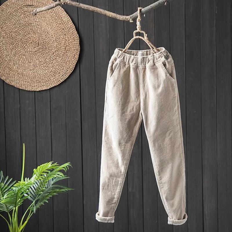 Thick and Casual Haren Pants with Added Velvet Long Pants with Corduroy, Autumn and Winter New Styles, Artistic Retro, Simple and Warm Pants for Women