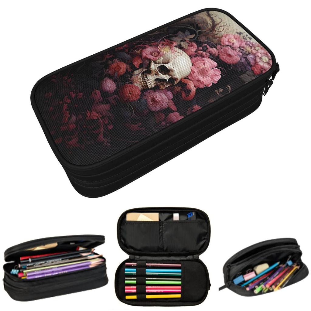 Darkness Rose Skull And Flower Print Pencil Case for Kids School Pen Box Pencil Bag Stationery Supplies Pen Holder Bag