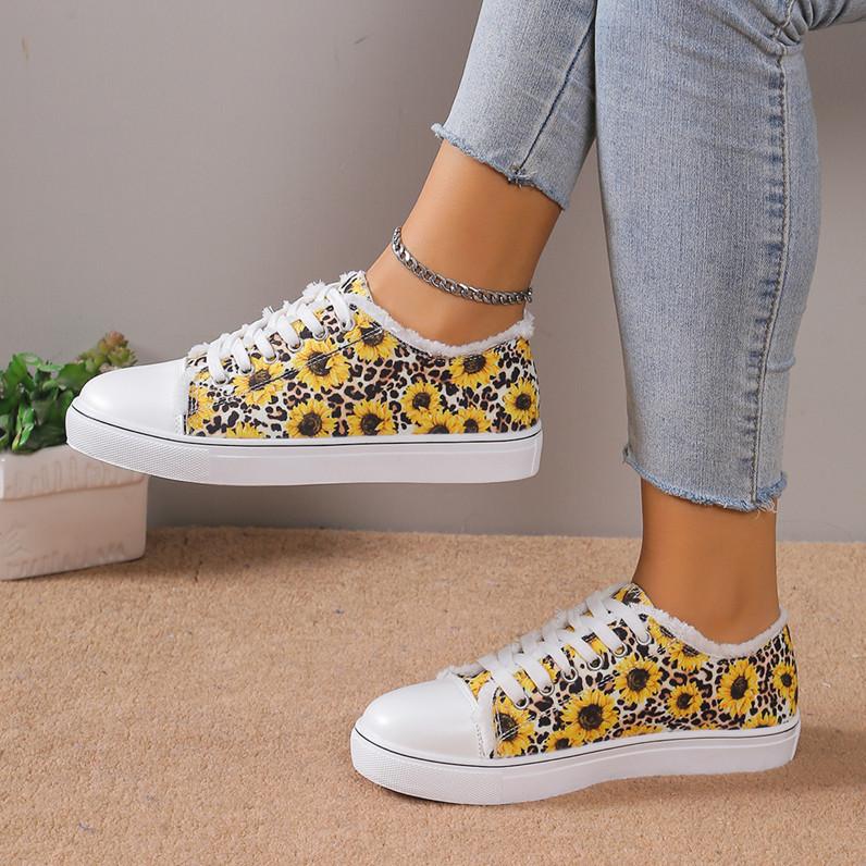 Fashion Women's Flat Canvas Shoes Casual Sunflower Printed Low Top Loafers Comfortable Slip On Sneakers Female Lace Up Vulcanized Shoes
