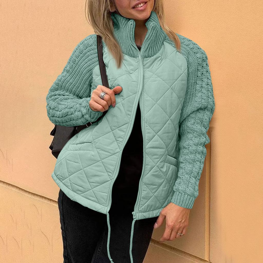 Womens Solid Color Knitted Patchwork Quilted Jacket Casual Lightweight Stand Collar Long Sleeve Zip Jackets Padded Outerwear Coats