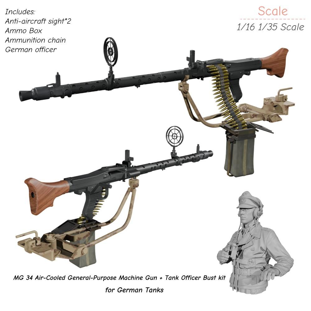 1/16 1/35 Scale MG 34 Air-Cooled General-Purpose Machine Gun + Tank Officer Bust Kit Resin Model Miniature Military