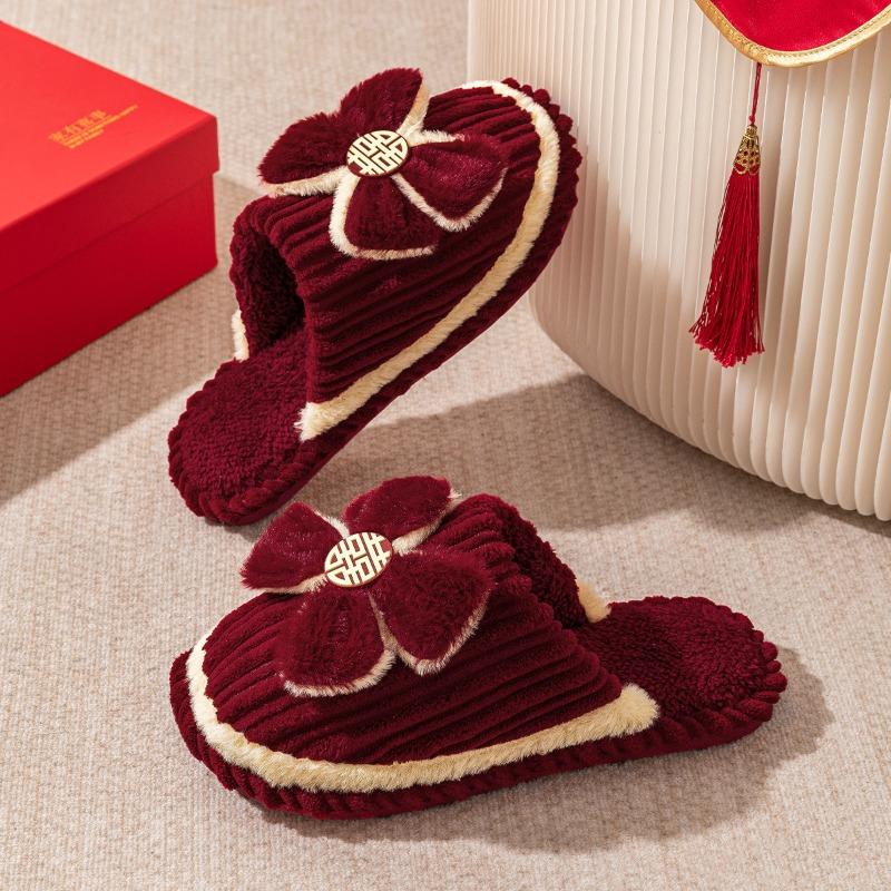 Тапочки свадебные пара домашние комнатные мужские и женские хлопковые тапочки красные праздничные новые свадебные приданое свадебные зимние вельветовые