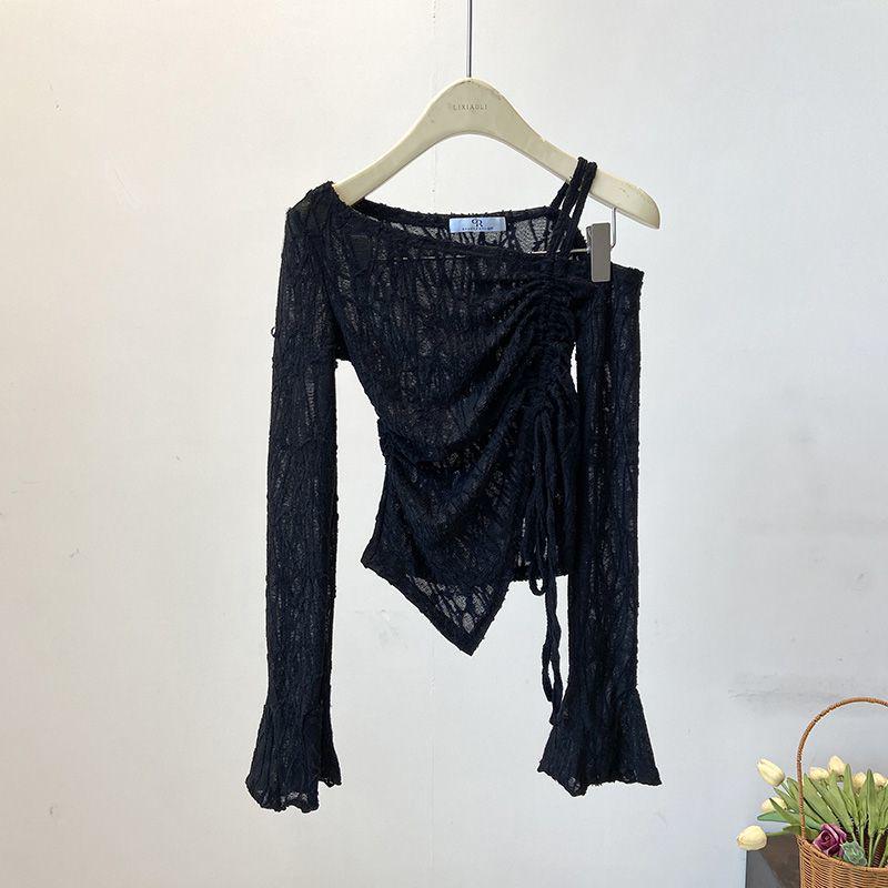 2024 Осень Корейский Шик Топ Кроп с Открытыми Плечами и Рукавами-Колоколами для Женщин