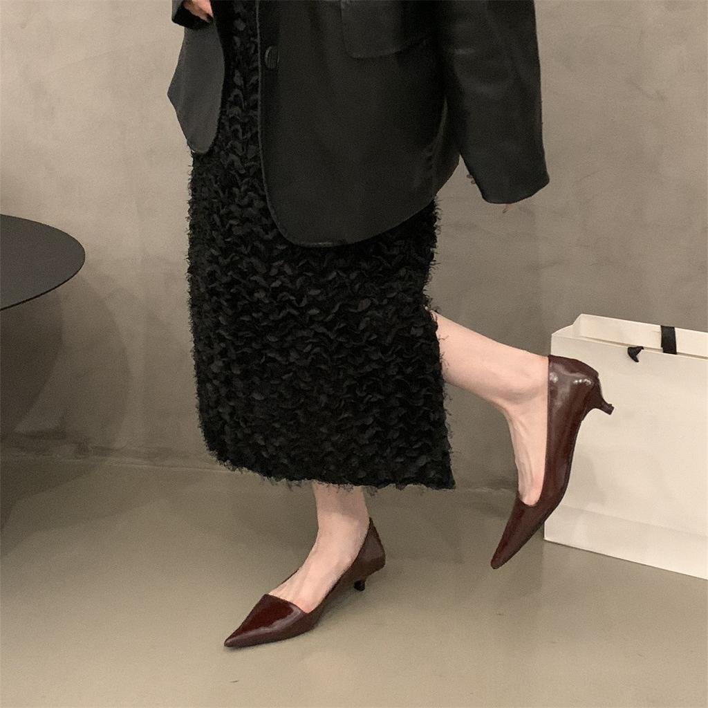 Французский каблук-рюмочка, заостренный, красные, одинарные туфли, женская обувь 2025 года, весна-осень, темперамент, черные туфли на шпильке, высокие каблуки для пригородных поездок