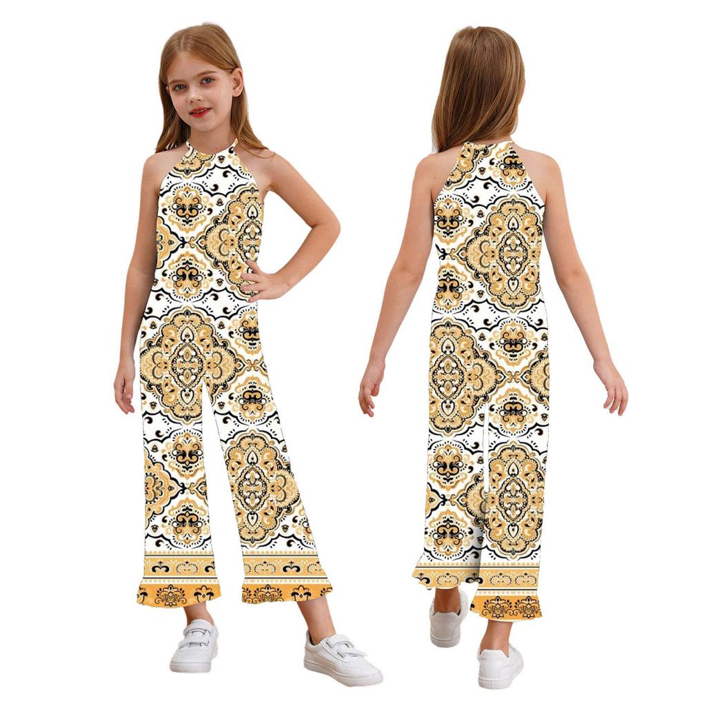 Детский комбинезон без рукавов с цветочным принтом и широкими штанинами для девочек, цельный комбинезон в стиле бохо с поясом, летний сарафан, комбинезон