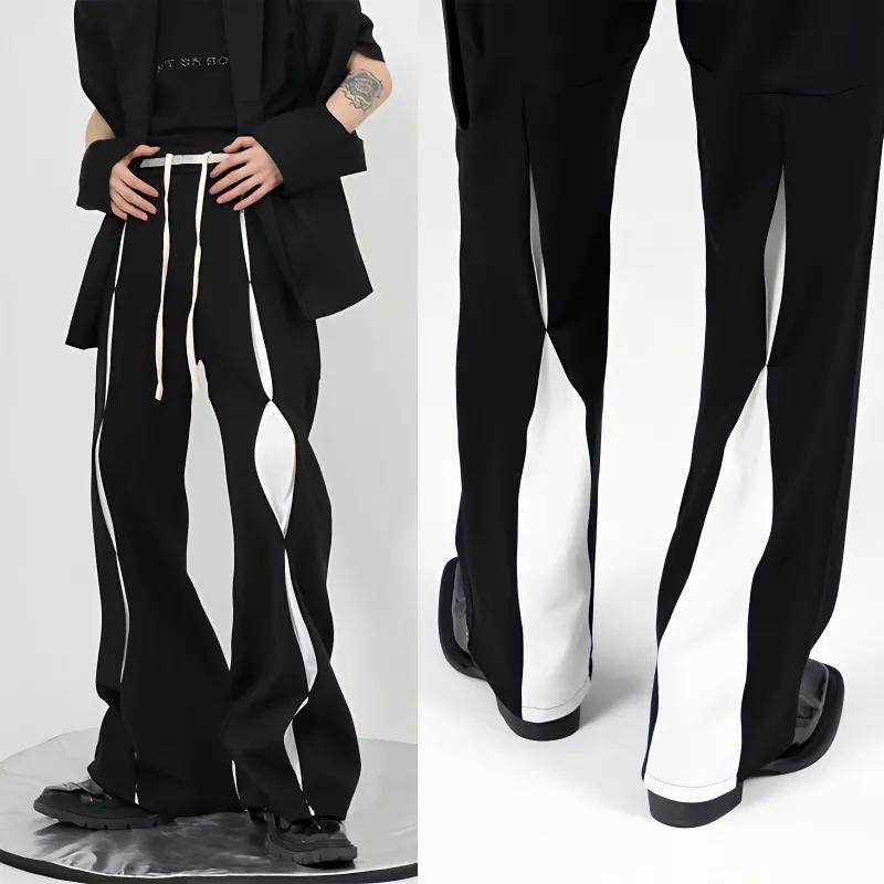 Модные Контрастные Стильные Штаны Пэчворк Черно-Белые Мужская Одежда Пэчворк Минималистичные Свободные Уличная Одежда Брюки Клеш